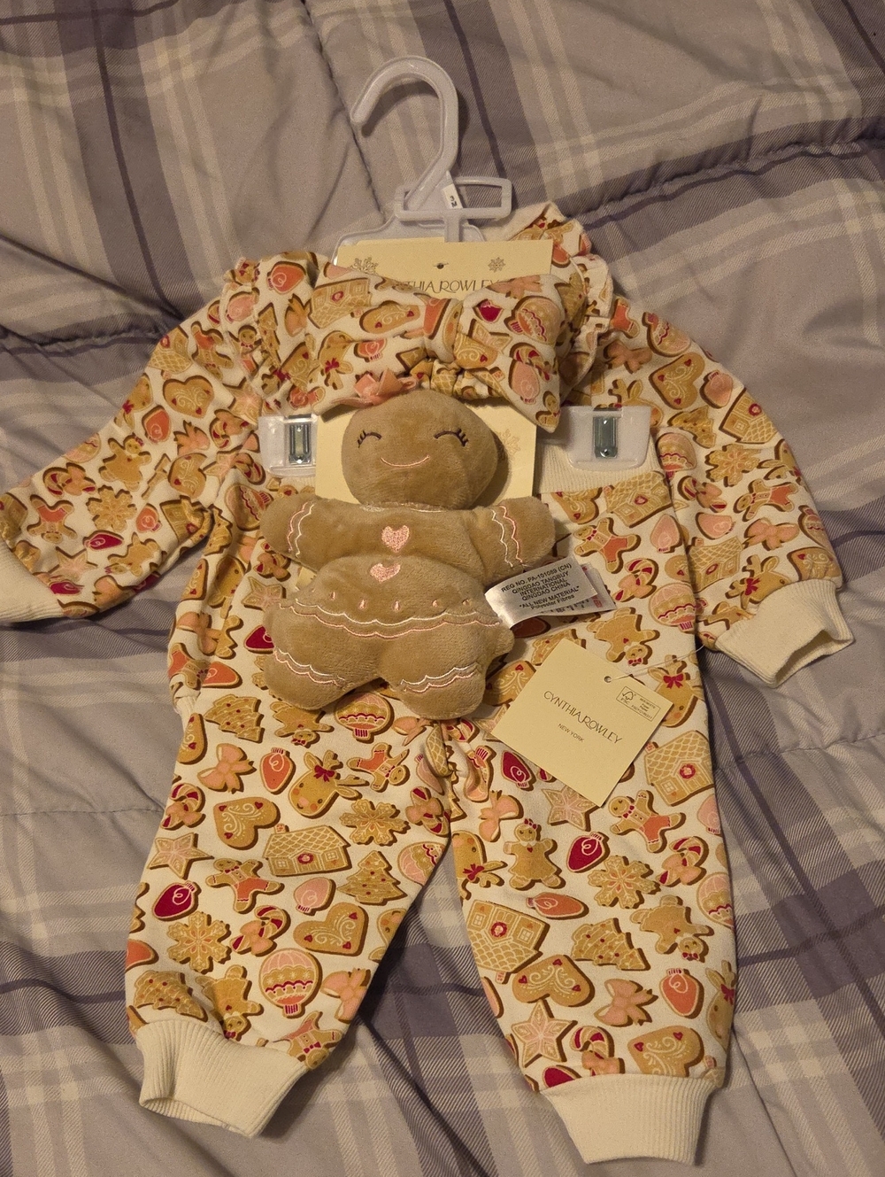 Cynthia Rowley Cream Gingerbread Print Kids Pajama Set with Plush Doll and Bow